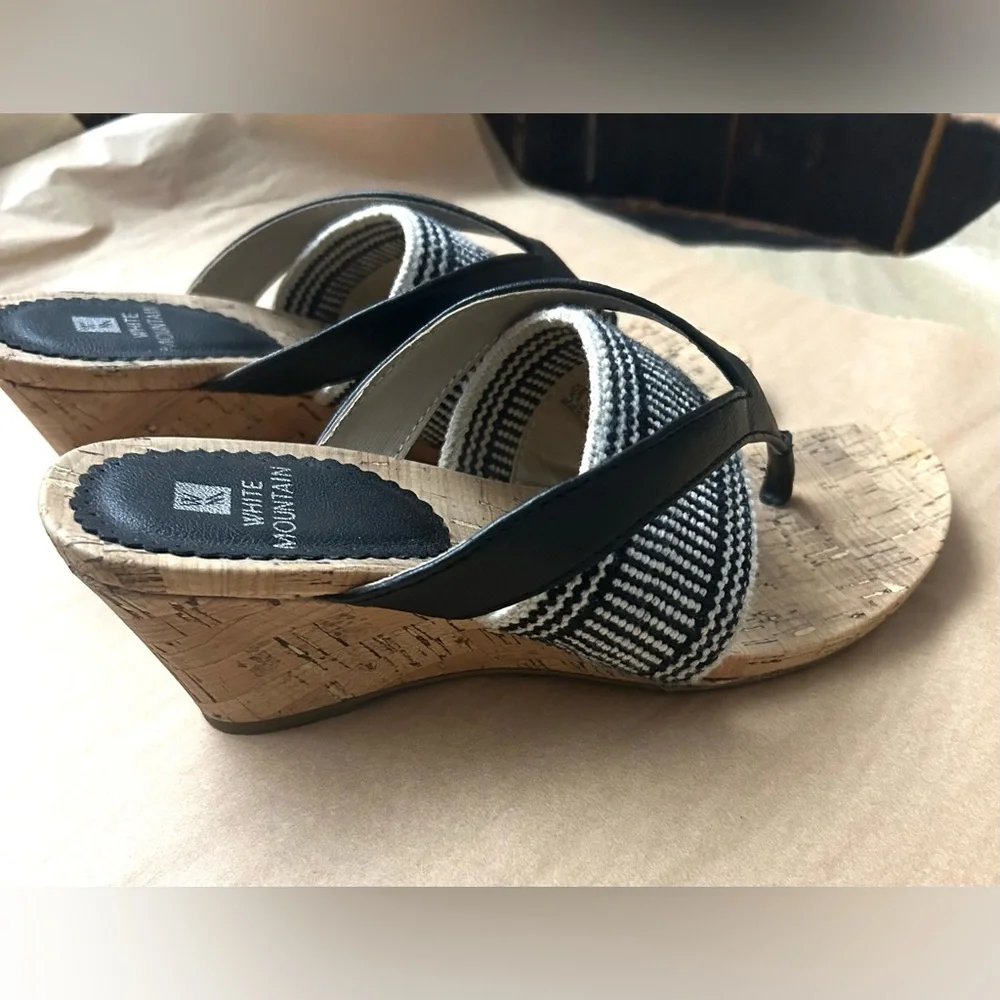 White Mountain Black and Cream Wedge Sandals - Picture 5 of 12